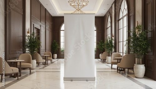 Pull up banner mockup stands in the lobby. Blank roll up poster stands in elegant hallway interior