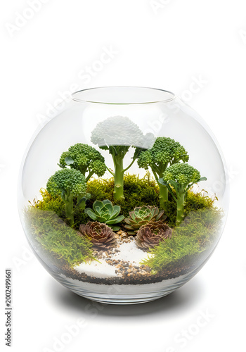 Miniature terrarium with lush indoor garden and water feature