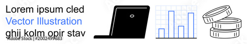 Business, finance, data visualization, technology concept, investment analysis, economy study. Black laptop, grid bar chart and stack of coins. Business and finance concept