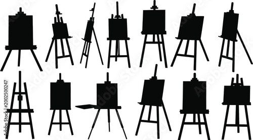 Easel silhouettes collection black art stands on white background