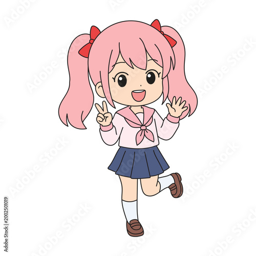 Cute anime girl showing peace sign, playful pose, smiling