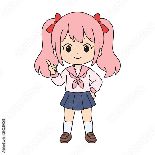 Cute anime girl pointing finger up, teaching or giving idea