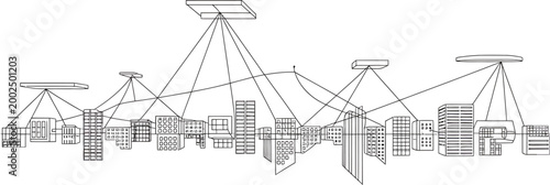 Abstract city skyline with network connections over transparent background, architectural wireframe illustration
