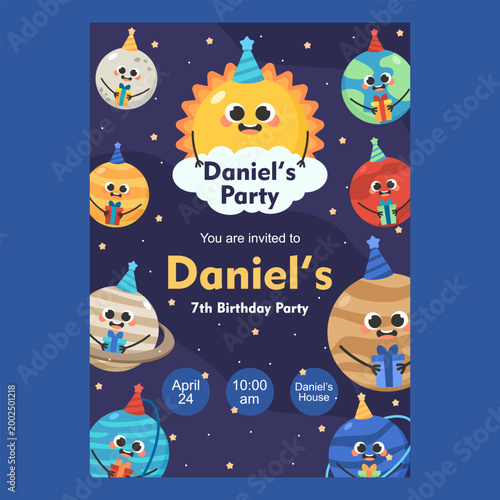 Cute Children's birthday invitation template with space and planets