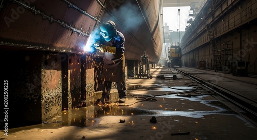 Welder working on a ships hull in a dry dock, sparks flying from the welding torch.
