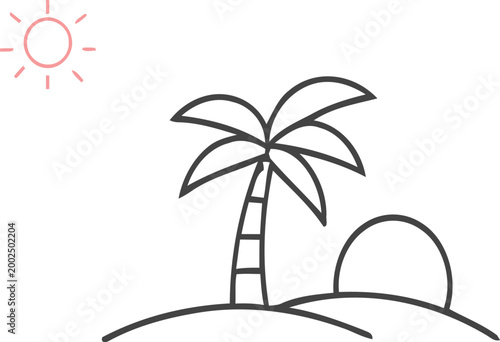 Simple line drawing of a tropical island scene with palm tree and sun