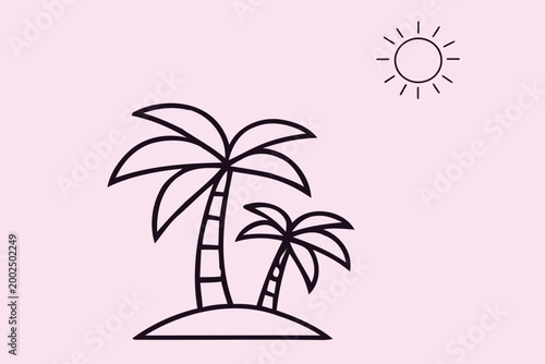 Minimalist tropical island scene with palm trees and a shining sun