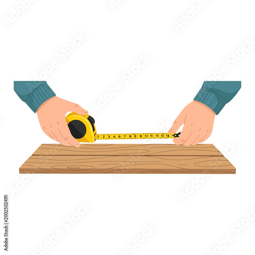 Hands using a yellow tape measure on a wooden board illustration