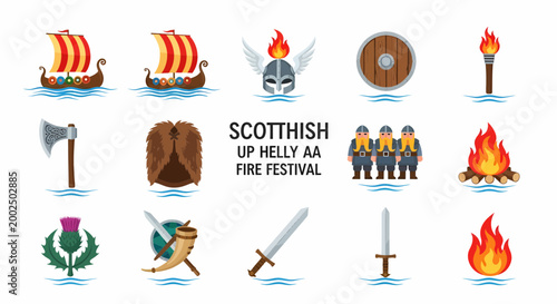 Set Flat Vector of Scottish Viking Festival Fire Torch.