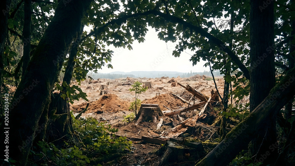 Fototapeta premium Tree Canopy Framing Deforested Land and Logging Debris