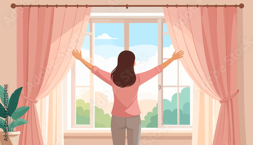 Woman embracing a fresh morning view from her window, opening curtains to welcome sunlight and a new day, symbolizing optimism and well-being in a peaceful home setting