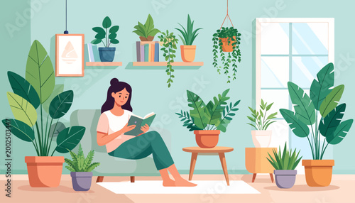 Woman relaxing in a cozy room filled with lush green houseplants, reading a book on a comfortable armchair