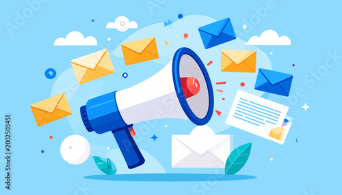 Vibrant illustration of a megaphone broadcasting digital messages and marketing emails across a cloud-filled sky, symbolizing mass communication and outreach campaigns