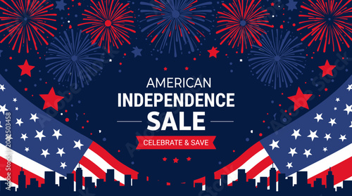 Dynamic national holiday sale banner featuring patriotic fireworks and starry flag motifs over a city silhouette, perfect for seasonal promotions and special offers