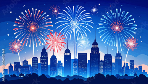 Spectacular fireworks illuminating the night sky above a modern city skyline, celebrating a festive occasion