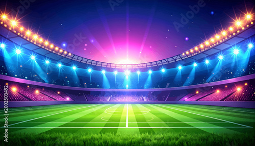 A breathtaking illuminated sports arena at night, vibrant lights highlighting the pristine green field, perfect for epic championship games and grand events, radiating excitement and spectacle