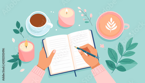 Cozy self-care morning with a journal, coffee, and candles, inspiring creativity and mindfulness for a peaceful start