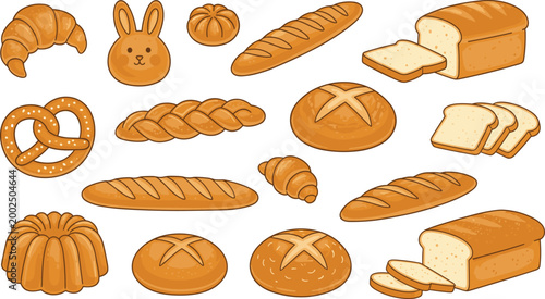 Fresh bakery bread set with baguette croissant and sliced loaf