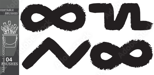 Set of 4 geometric black brush strokes, hand drawn infinity symbols and zig-zag ink paint lines.