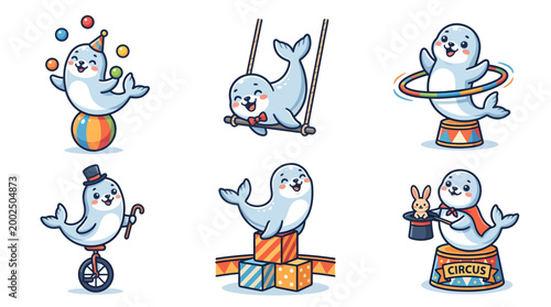 Delightful collection of cute cartoon seals performing various fun circus acts including juggling, unicycling, and magic