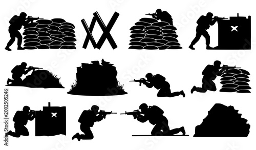 Silhouette soldiers training with weapons and obstacles