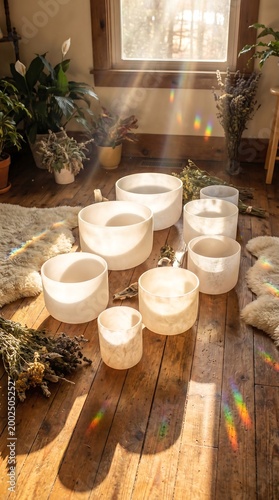 Frosted Quartz Crystal Singing Bowls in Sunlight