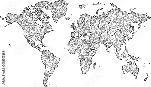 Принти на полотні A detailed world map intricately composed of many small leaves.