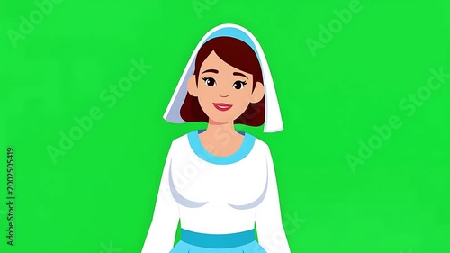 Cheerful Cartoon Woman in White & Blue Attire with Head Covering on Green Screen Background