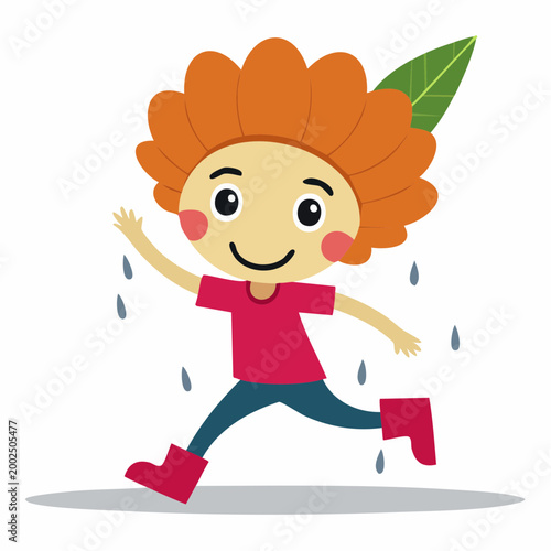 Happy child with flower-like hair and boots jumping in the rain with a smile and a leaf in the background, representing joy and outdoor play