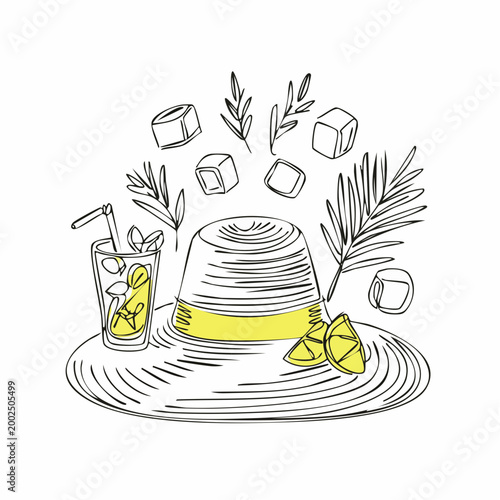 A summery hand-drawn illustration of a straw hat adorned with tropical leaves, fresh mint, lemon slices, and a refreshing glass of ice-cold beverage, perfect for vacation and leisure