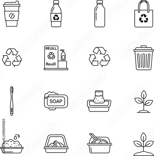 Various environmental sustainability and recycling symbols are presented in a grid.