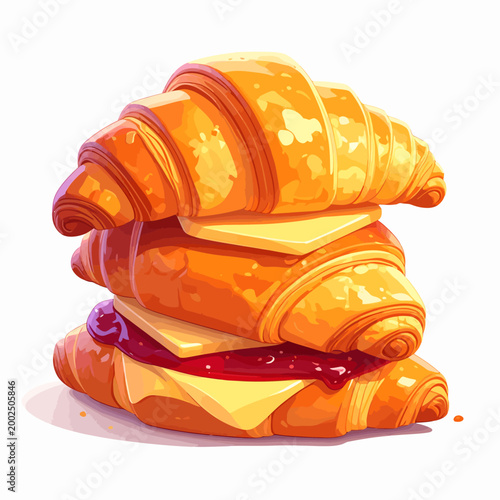 Stack of golden croissants with sweet jam and creamy butter, a delightful breakfast pastry treat perfect for a morning meal