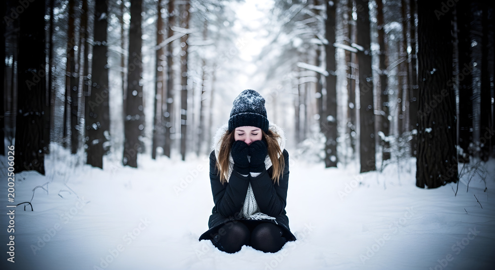 Fototapeta premium Woman sitting in snowy forest winter scene