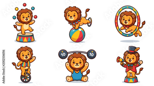 Charming Lion Performers Showcase Diverse Circus Acts in Vibrant Illustrations
