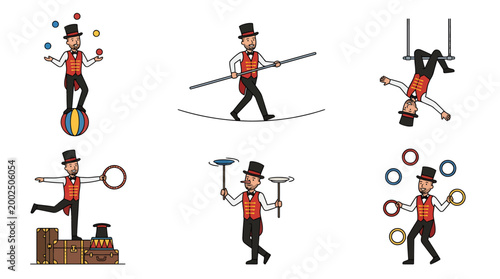 Dynamic illustrations of a skilled circus performer showcasing classic acts like juggling, tightrope walking, acrobatics and various balancing tricks