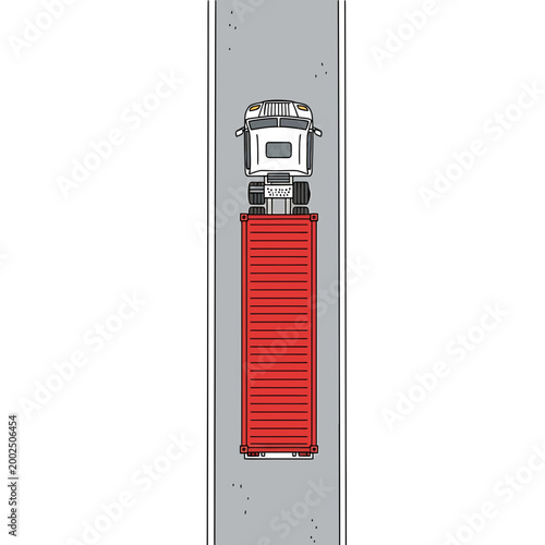 Aerial top down view of semi truck with red container on a road