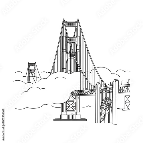 Minimalist line art illustration of famous suspension bridge in fog