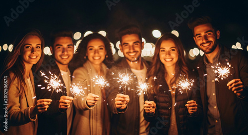 Group of Happy Young Friends Celebrating with Bright Sparkling Sparklers at Night
