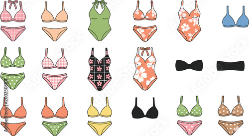 Summer swimwear icon set with bikinis and one-piece swimsuits