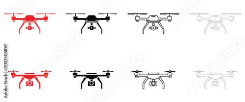 Drone camera icon vector, drone with camera videography symbol vector, silhouette and line art illustration
