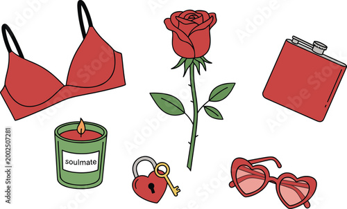 Romantic icon set with red rose heart sunglasses and soulmate candle