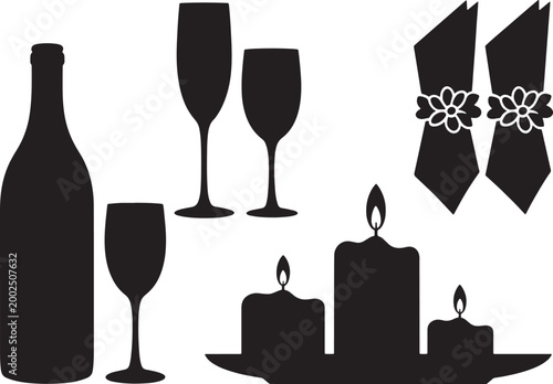 Collection of black silhouettes representing celebratory drinks and dining accessories for party