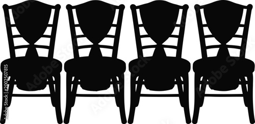 Four identical black silhouette dining room chairs with high backs arranged in a straight row