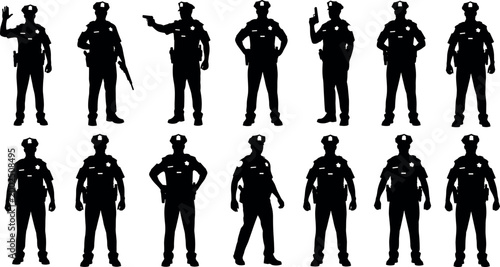 Set of police officer silhouettes in various poses including standing guard, aiming weapon, waving hand, and patrolling for law enforcement.