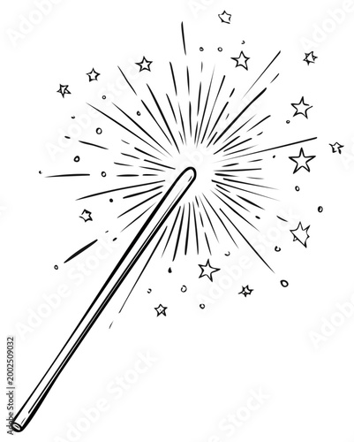 Magical Wand Sketch with Sparkling Starburst, Isolated