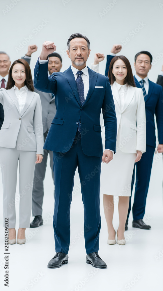 Obraz premium United in Vision: A determined group of business professionals stands together, their raised fists symbolizing unity, strength, and a shared purpose.