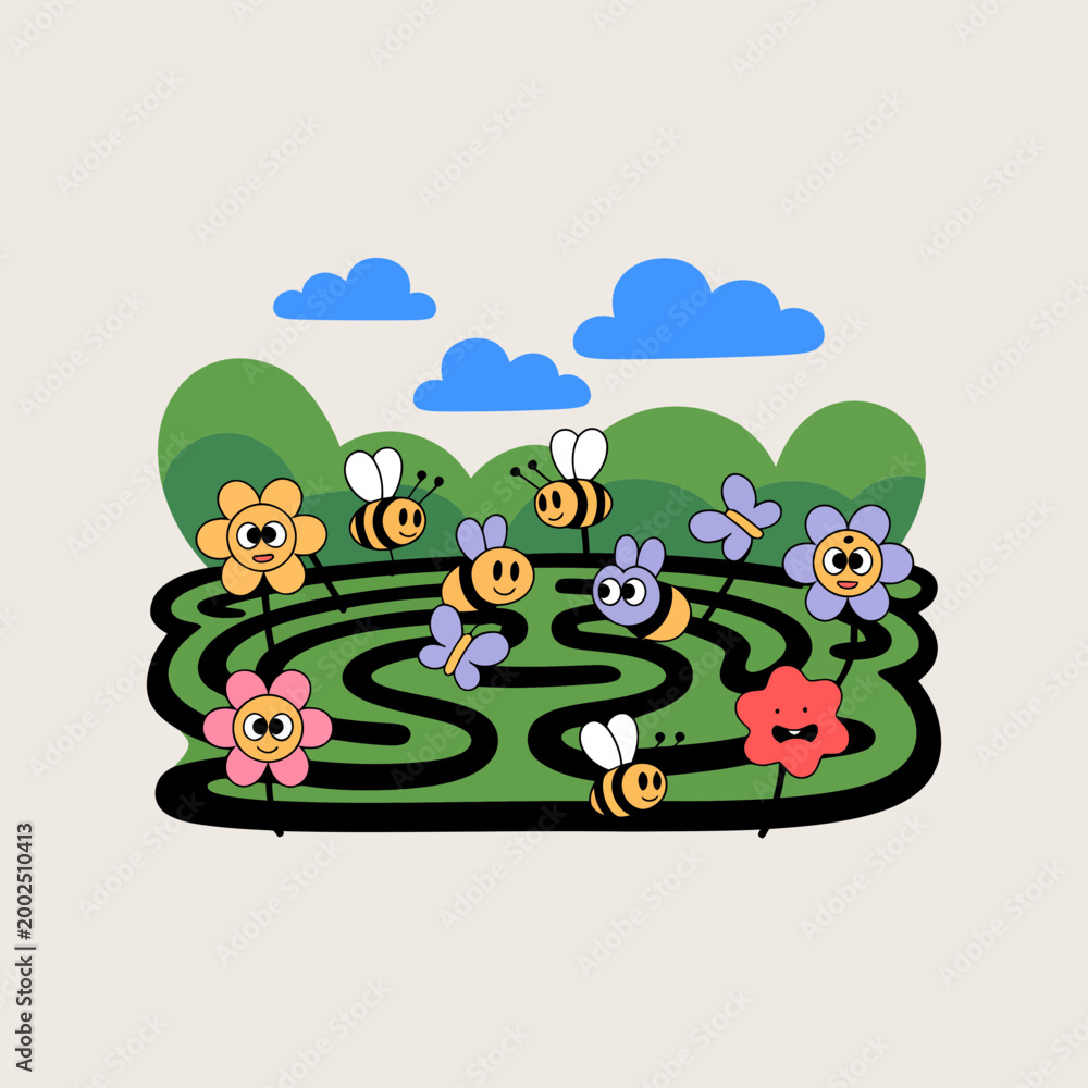 Fototapeta premium Whimsical bee maze illustration with colorful flowers and fluffy clouds, a playful digital artwork for children's designs and cheerful springtime concepts.