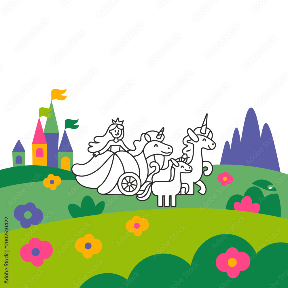 Naklejka premium Elegant princess riding a unicorn-drawn carriage through a fantastical landscape with castles and mountains, a charming digital illustration in a line art style.