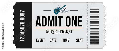 Music ticket, event admission, concert pass, ticket stub, entry voucher