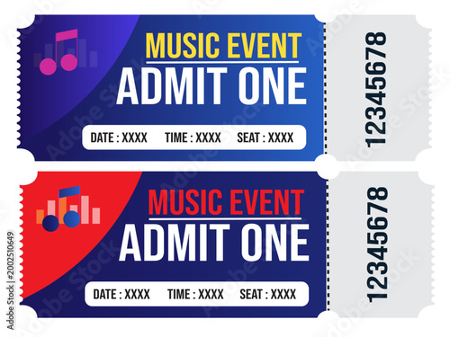 Music event tickets, concert admission passes, colorful vector illustrations, blue and red designs, event entry tickets